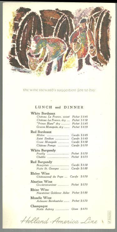Vintage Wine Menu for Holland-America Line