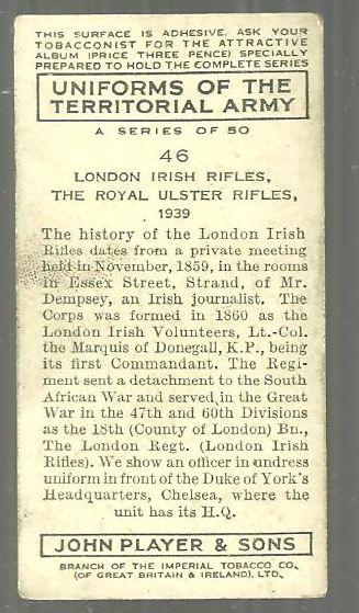 Vintage Player's Cigarette Card with London Irish Rifles #46