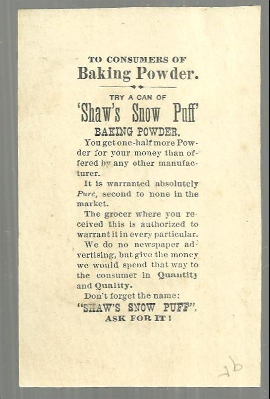 Victorian Trade Card for Shaw's Snow Puff Baking Powder with Courting Couple