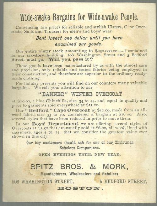 Victorian Trade Card for Spitz Bros. And Mork Clothing with Violets