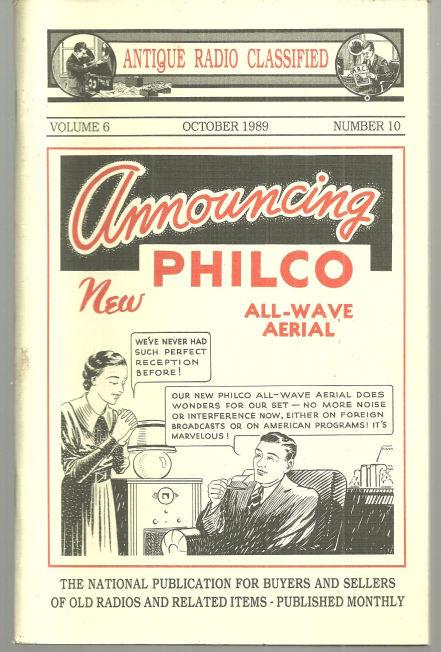 Antique Radio Classified October 1989 Philco All-Wave Aerial on Cover