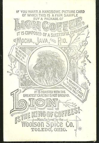 Victorian Trade Card For Lion Coffee with Castle Surrounded by Daises
