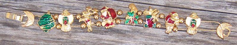Christmas Bracelet, Enameled Charms on Gold Tone Chain with Gold Beads