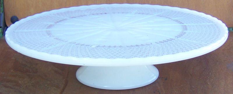 Anchor Hocking Milk Gass Pedestal Cake Plate With Gold Fluer de Lis Design