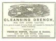 Label for Thomas Roper Cleansing Drench for Cows Man of Ross House, England