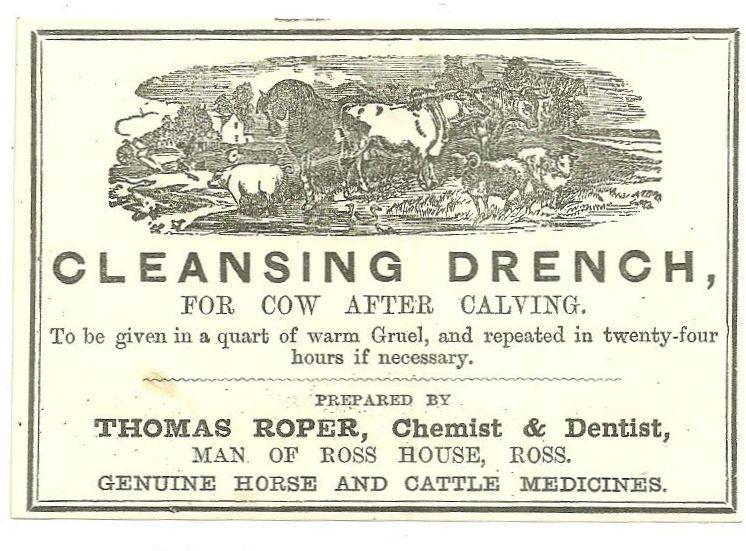 Label for Thomas Roper Cleansing Drench for Cows Man of Ross House, England