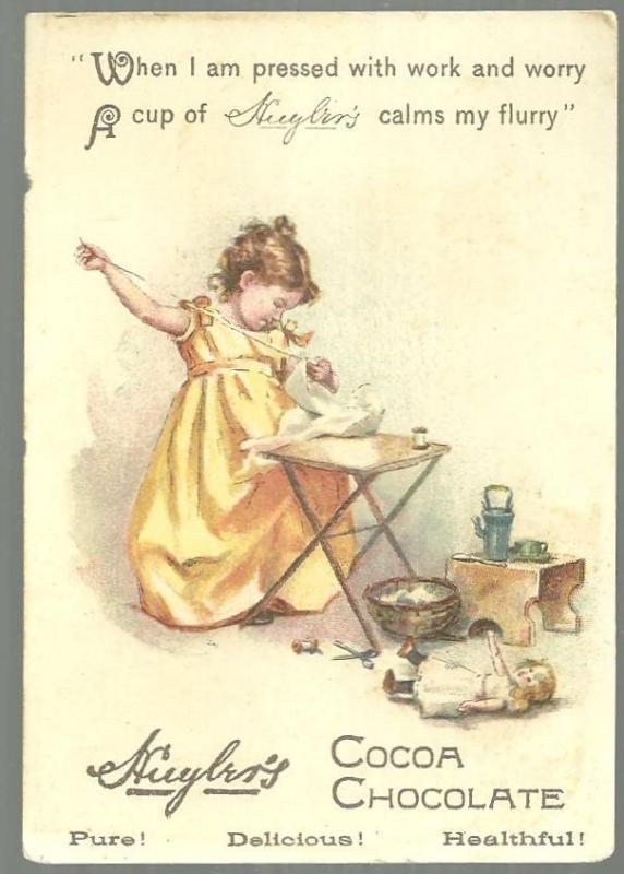 Victorian Trade Card for Huyler's Cocoa Chocolate with Little Girl Doing Chores