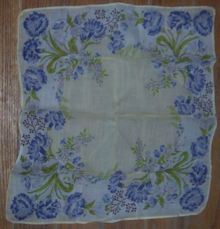 Vintage White Handkerchief with Printed Blue Flowers and Green Leaves