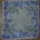 Vintage White Handkerchief with Printed Blue Flowers and Green Leaves