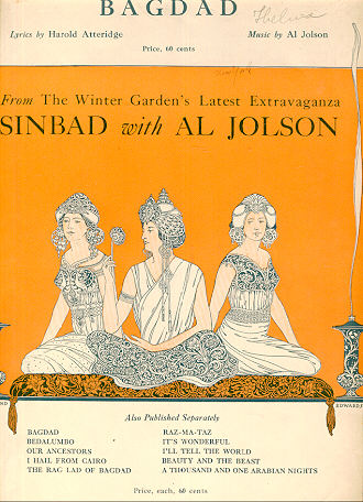 Bagdad from Sinbad Starring Al Jolson 1918 Sheet Music