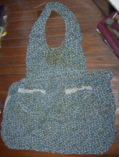Vintage Blue and Green Paisley Bib Apron with Lace Trimmed Pockets