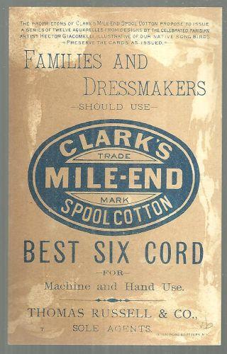 Victorian Trade Card for Clark's Mile End Spool Cotton with The Swallow