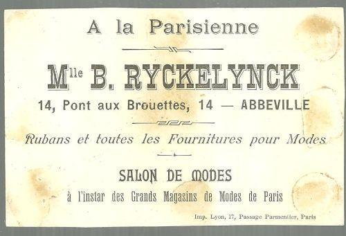 Victorian Trade Card for Mlle B. Ryckelynck, Abbeville With Boy Winter Dressed