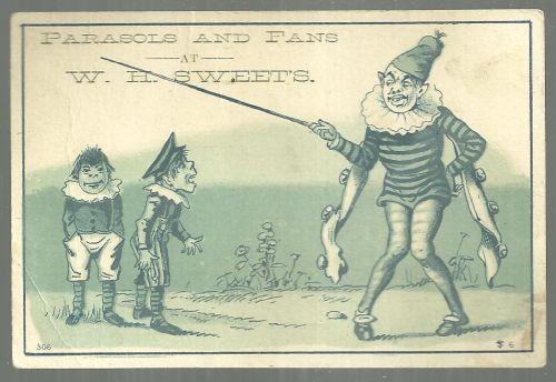 Victorian Trade Card for Parasols and Fans at W. H. Sweets with Clowns and Kids