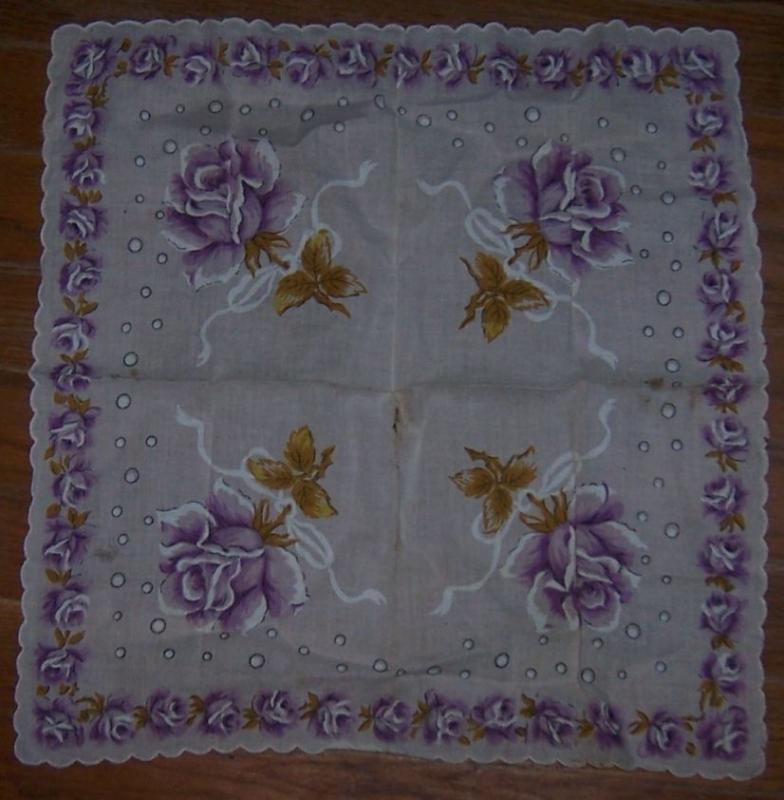 Vintage White Handkerchief with Printed Purple Roses