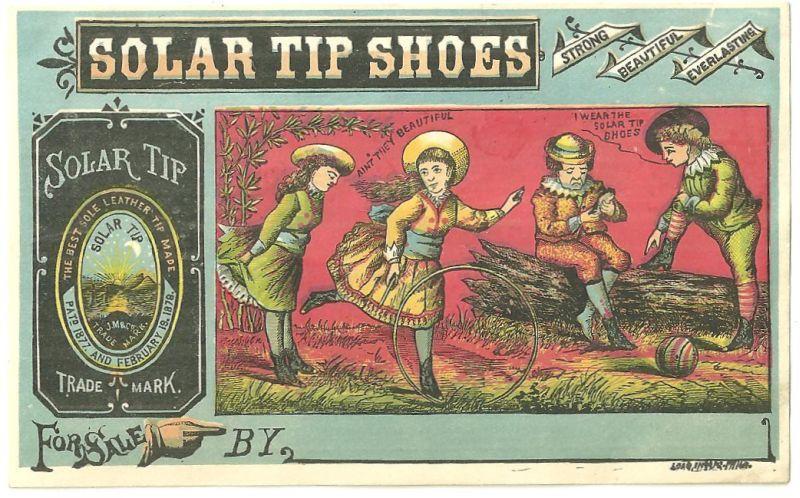 Victorian Trade Card for Solar Tip Shoes Boys and Girls Playing Outside
