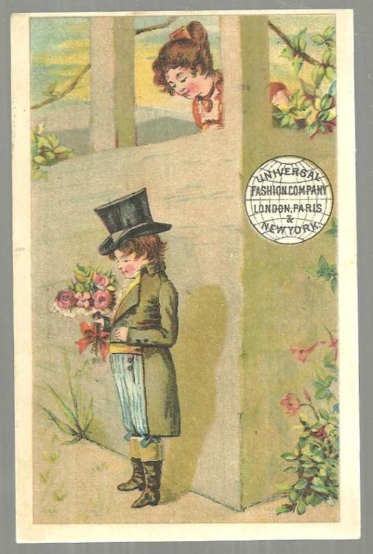 Victorian Trade Card for Universal Fashion Company with Boy Courting Lovely Girl