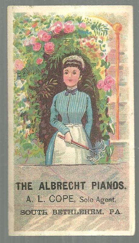 Victorian Trade Card for Albrecht Pianos South Bethlehem, PA with Lovely Maid