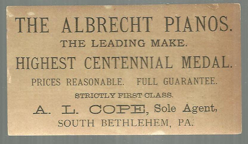Victorian Trade Card for Albrecht Pianos South Bethlehem, PA with Lovely Maid
