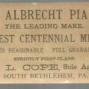 Victorian Trade Card for Albrecht Pianos South Bethlehem, PA with Lovely Maid