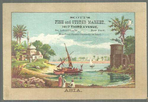 Victorian Trade Card for Scott's Fish and Oyster Market NYC with Asia Picture