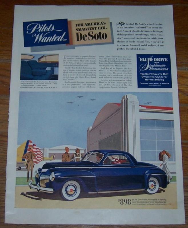 1941 De Soto Life Magazine WW II Color Advertisement Pilots Wanted