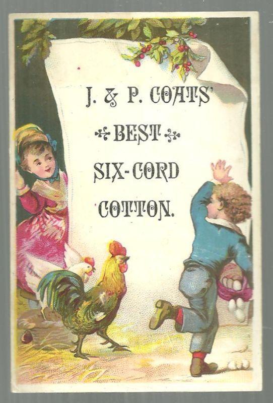 Victorian Trade Card for J & P Coats' Thread with Boy and Girl Chasing Hens