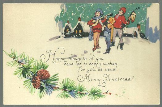 Vintage Merry Christmas Postcard with Carolers and Smowy Town 1933