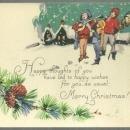 Vintage Merry Christmas Postcard with Carolers and Smowy Town 1933