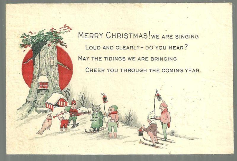 Vintage Merry Christmas Card with Elf Carolers and Skiers in Snowy Tree Village