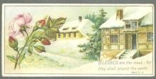 Victorian Prayer Card with Snowy Landscape and Pink Rose Blessed Are the Meek