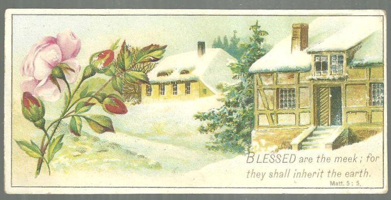 Victorian Prayer Card with Snowy Landscape and Pink Rose Blessed Are the Meek