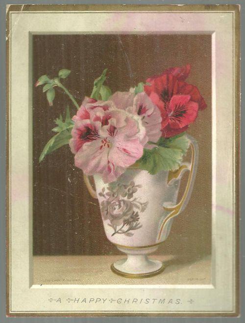 Victorian Christmas Card Floral Bouquet in Vase H. M. Burnside Christmas Poem