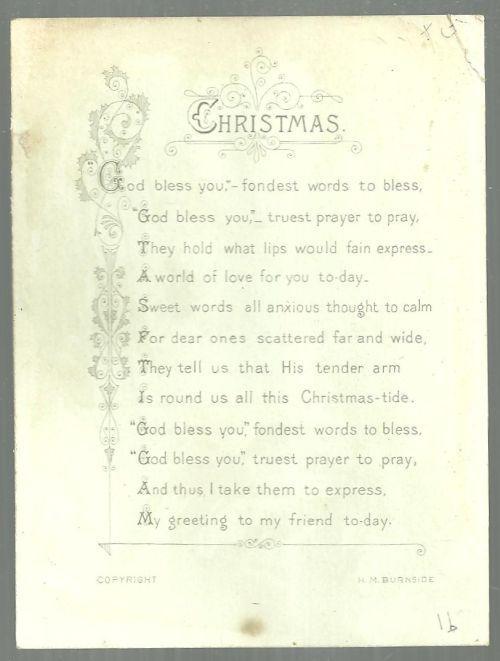 Victorian Christmas Card Floral Bouquet in Vase H. M. Burnside Christmas Poem