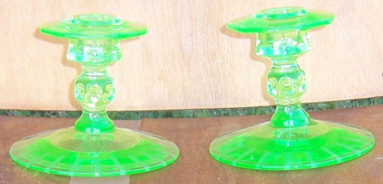 Vintage Pair of Etched Deco Green Glass Candlesticks