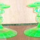 Vintage Pair of Etched Deco Green Glass Candlesticks