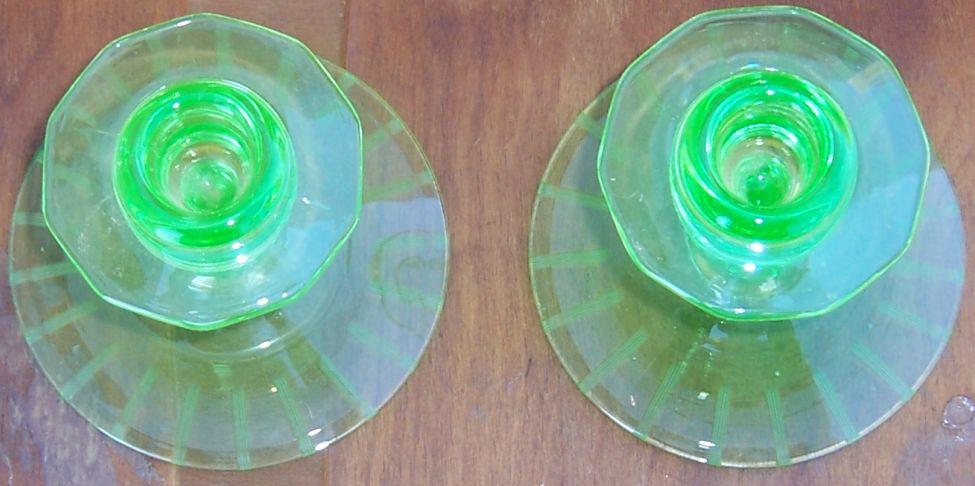 Vintage Pair of Etched Deco Green Glass Candlesticks