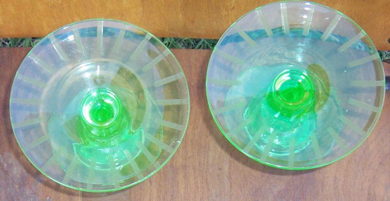Vintage Pair of Etched Deco Green Glass Candlesticks