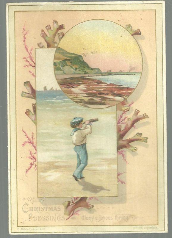 Victorian S. Hildesheimer Christmas Card Boy With Telescope Looking Out to Sea