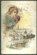 Victorian Trade Card For Lion Coffee With Christmas Compliments Sledding w/Girl