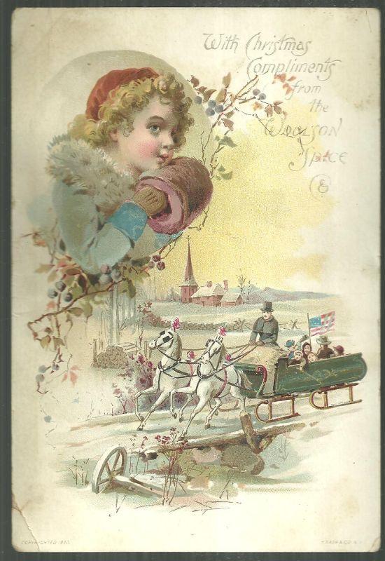 Victorian Trade Card For Lion Coffee With Christmas Compliments Sledding w/Girl