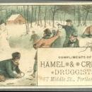 Victorian Trade Card Compliments of Hamel and Crosse Druggists w/Snowball Fight