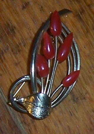 Vintage Gold Tone Red Flower Pin with Gold Tone Leaves