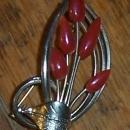 Vintage Gold Tone Red Flower Pin with Gold Tone Leaves