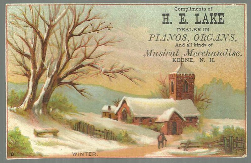 Victorian Trade Card H. E. Lake Pianos and Organs Keene, NH with Winter Scene
