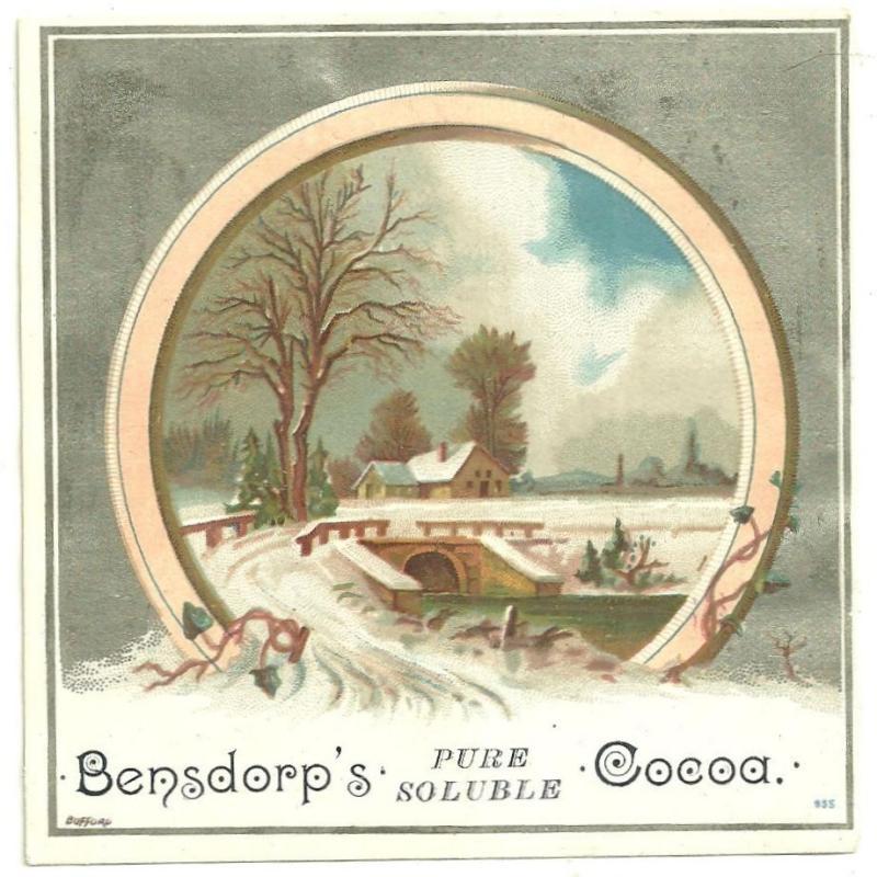 Victorian Trade Card for Bensdorp's Pure Soluble Cocoa With Winter Scene