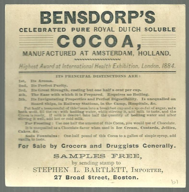 Victorian Trade Card for Bensdorp's Pure Soluble Cocoa With Winter Scene