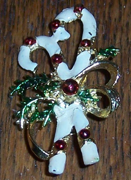 Vintage Enamel Candy Cane Pin with Red Ornaments and Green Evergreen Bow
