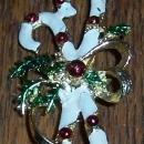 Vintage Enamel Candy Cane Pin with Red Ornaments and Green Evergreen Bow