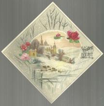Victorian Reward of Merit Card with Snowy Church Landscape with Roses